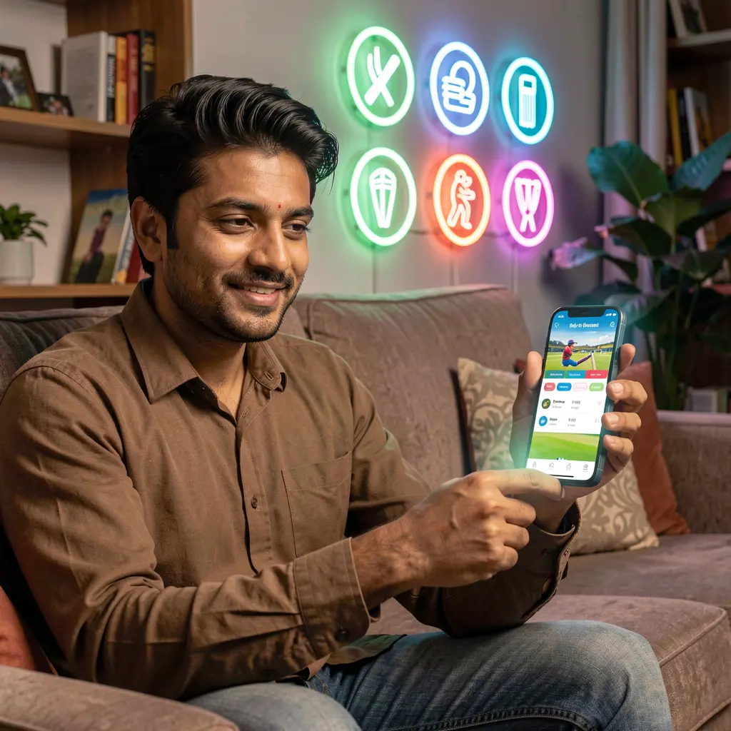 Focused Bangladeshi user checking live sports betting odds on the 17OK app with vibrant cricket themed graphics behind him