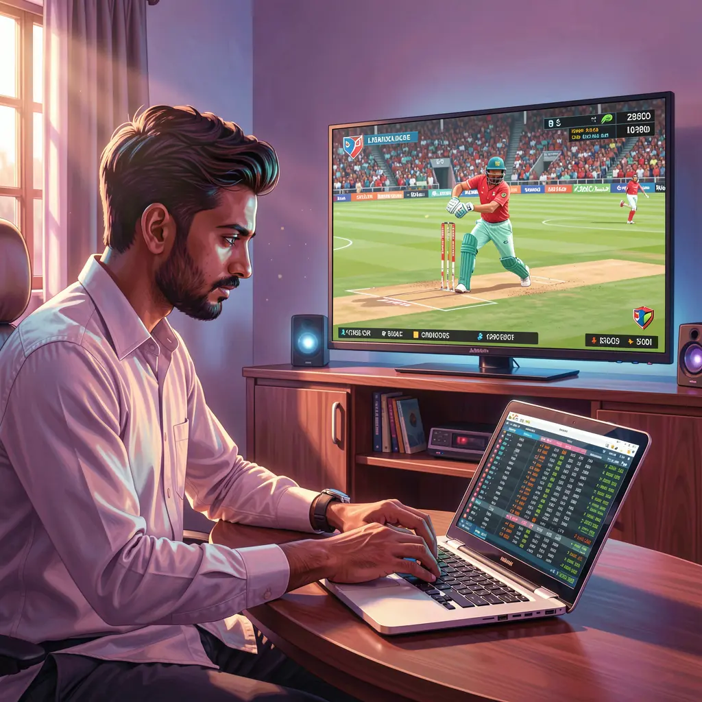 Focused Bangladeshi sports bettor placing online bets on a laptop while watching a live cricket match and analyzing odds with 17OK