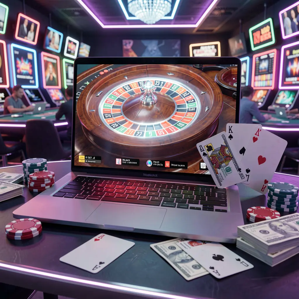 Vibrant online roulette scene on a laptop with stacked chips and scattered cards showcasing the dynamic casino atmosphere of 17OK in Bangladesh