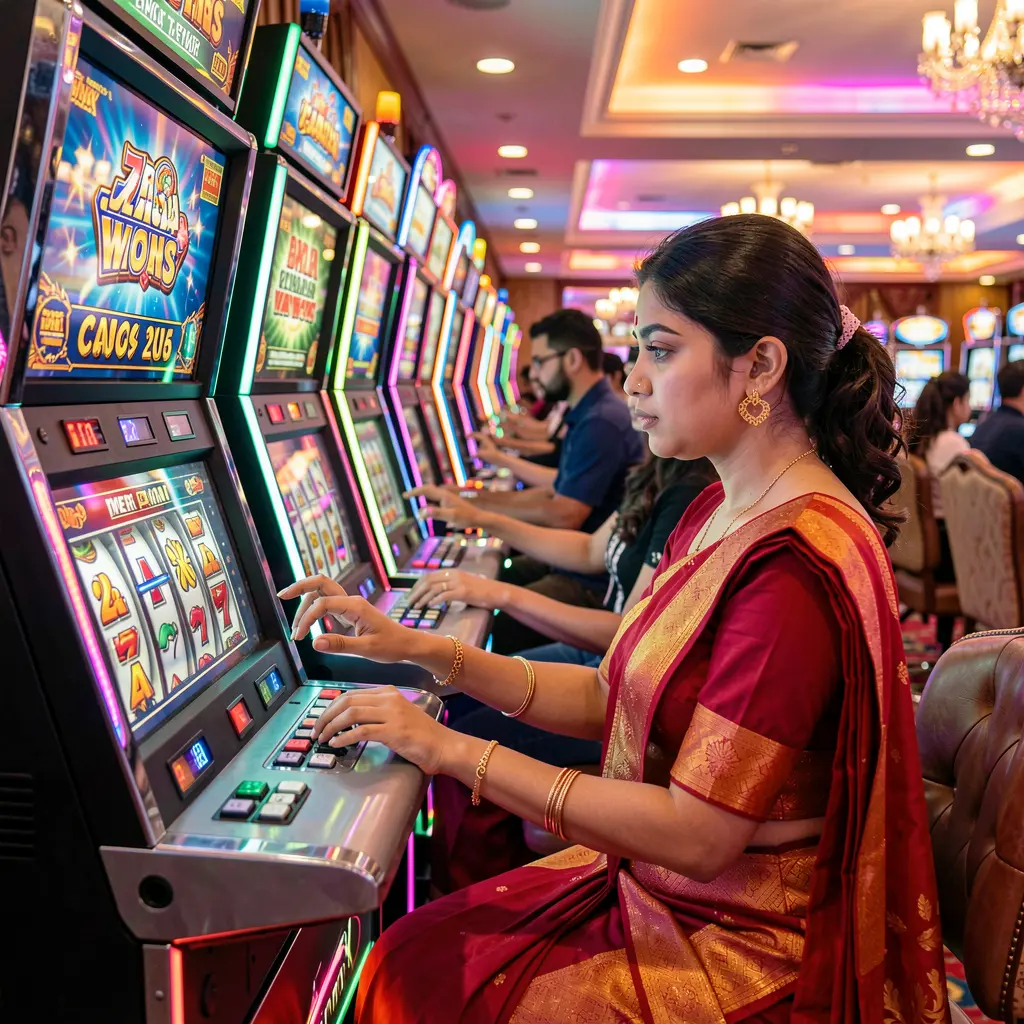 Focused Bangladeshi woman enjoying modern slot machine gameplay in a lively casino setting at 17OK casino platform
